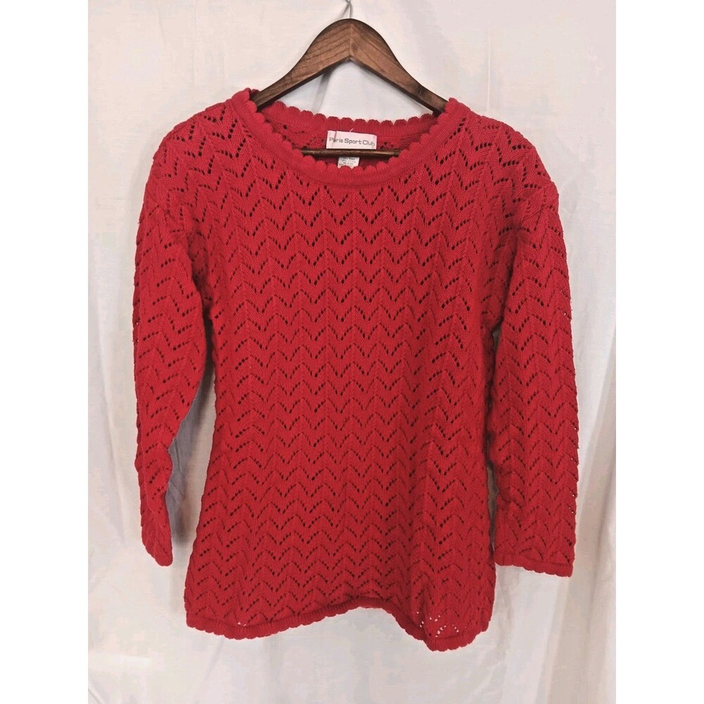 Vintage 90s Paris Sports Club Red Ramie Cotton Chevron Lace Knit Sweater Size M